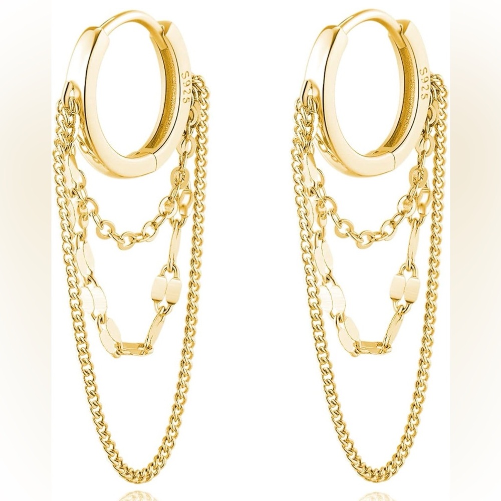 Gold Dangle Chain Hoop Earrings - Picture 2 of 5